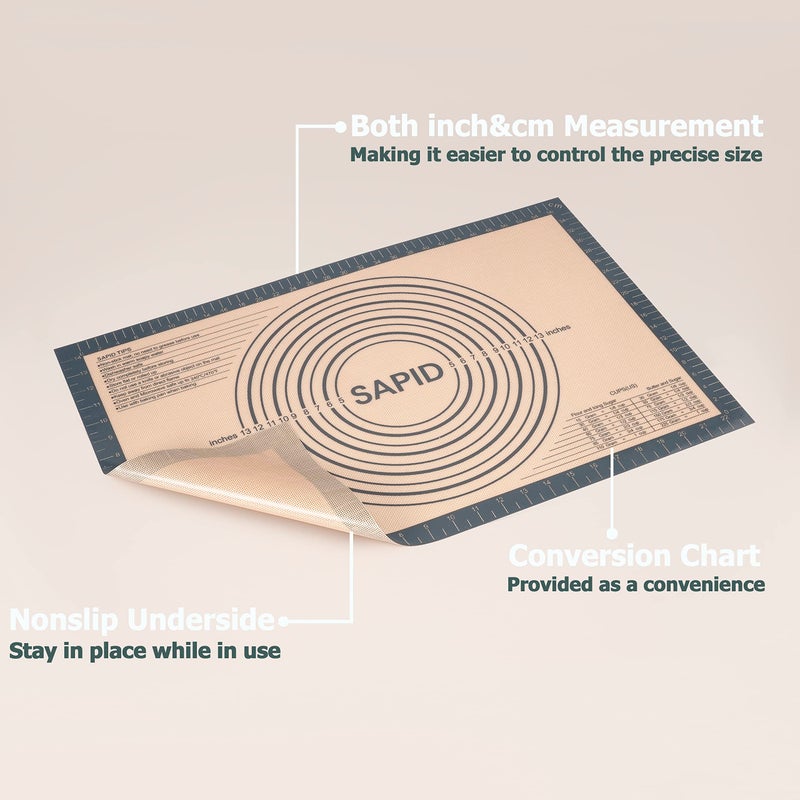SAPID Non Slip Silicone Pastry Mat Large with Measurements for Non-stick Dough Rolling, Pie Crust, Pastry Roll Out, Cookies,Bread and Silicon Kneading Mat (16" x 24", Gray) - Image 3